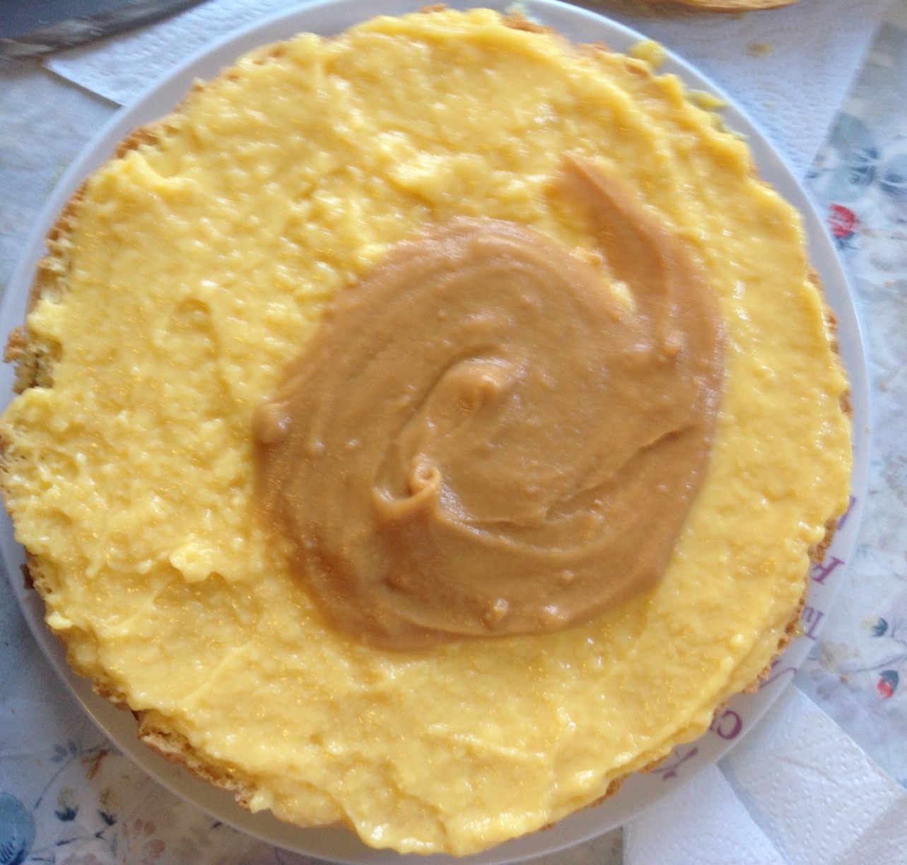 Tort cu dulceata de capsuni, budinca de  vanilie si crema de caramel:)