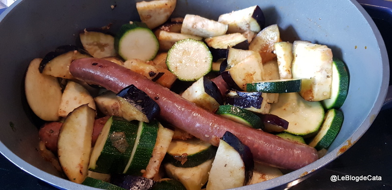 Gratin de vinete, dovlecel si carnat merguez